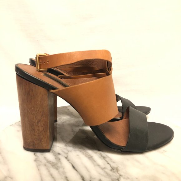 Steven, By Steve Madden, Black and brown leather straps wooden heel, size 8.5 - Picture 4 of 9